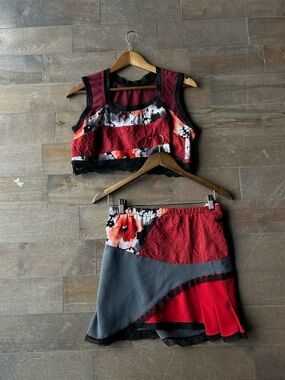 Red Floral Patchwork Crop Top & Skirt Set